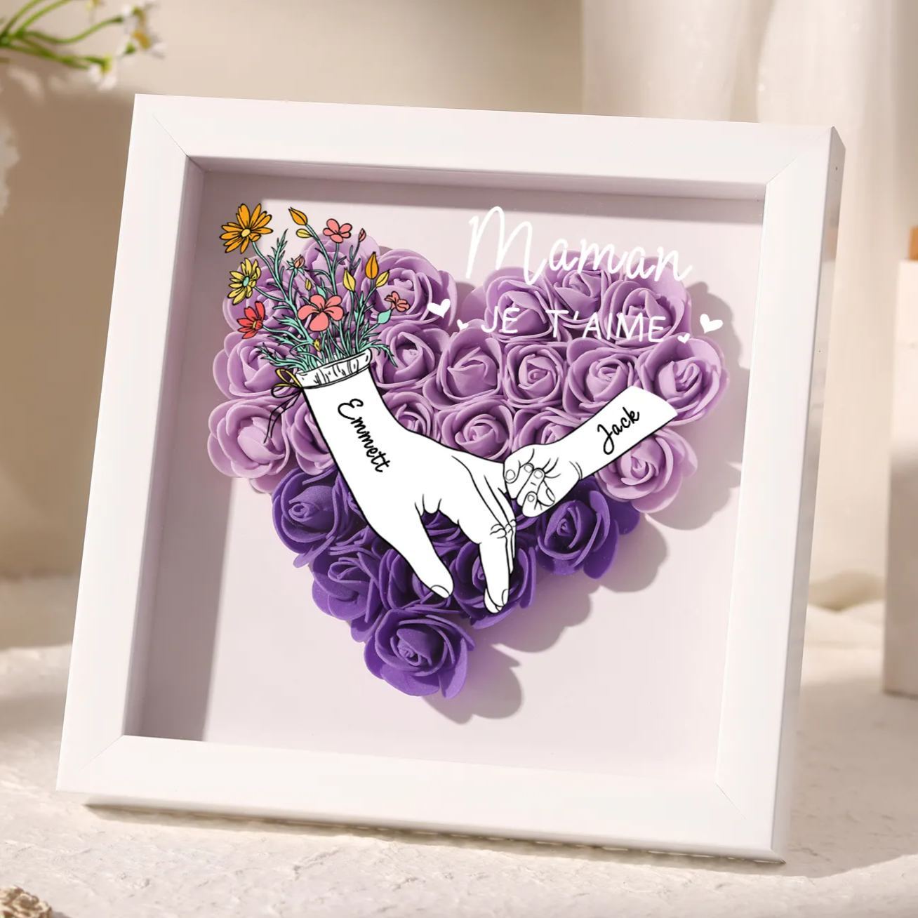 À ma Maman - Cadre photo Panneau de densité la main dans la main 2 Prénoms et 1 Texte Personnalisés Ornements Floral pour Famille