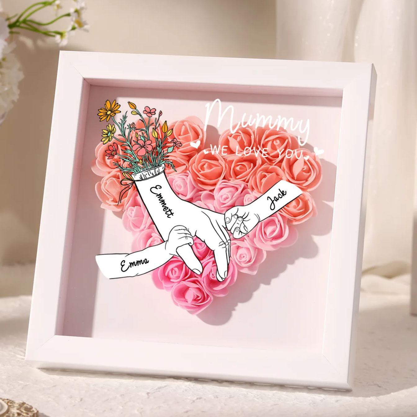 À ma Maman - Cadre photo Panneau de densité la main dans la main 3 Prénoms et 2 Texte Personnalisés Ornements Floral pour Famille