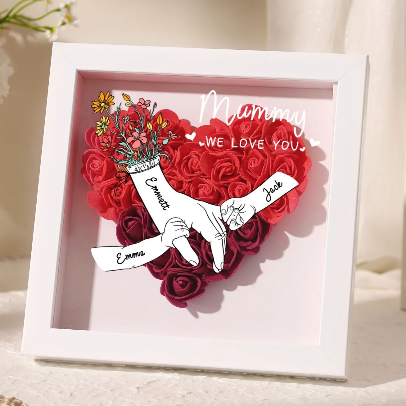 À ma Maman - Cadre photo Panneau de densité la main dans la main 3 Prénoms et 2 Texte Personnalisés Ornements Floral pour Famille