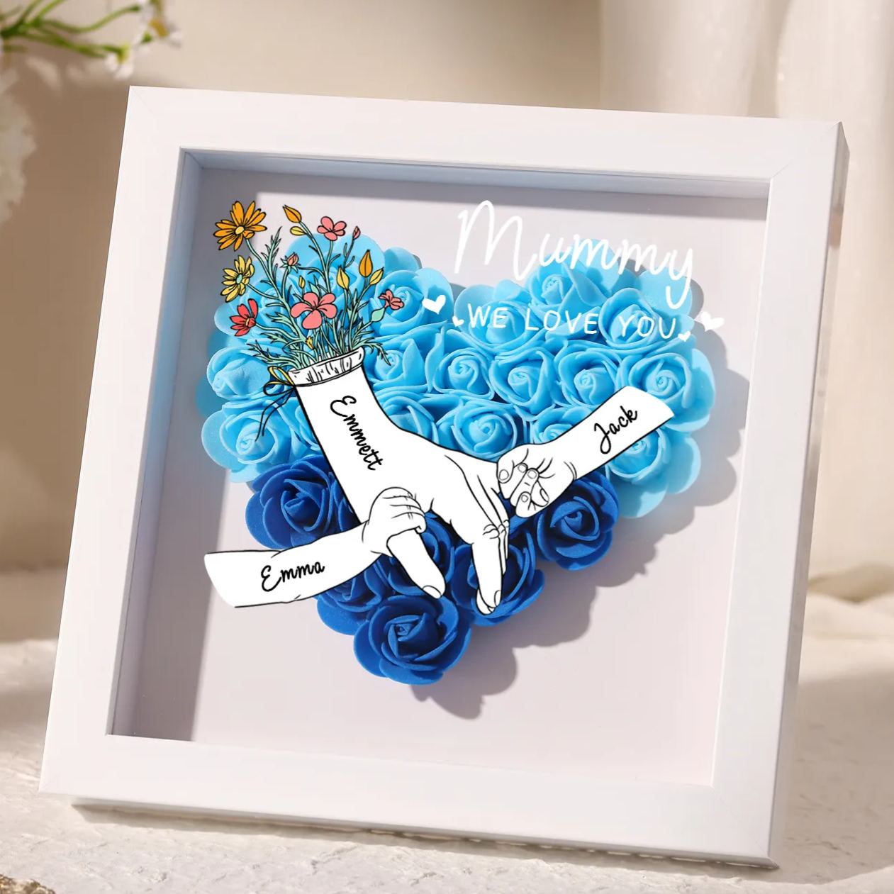 À ma Maman - Cadre photo Panneau de densité la main dans la main 3 Prénoms et 2 Texte Personnalisés Ornements Floral pour Famille