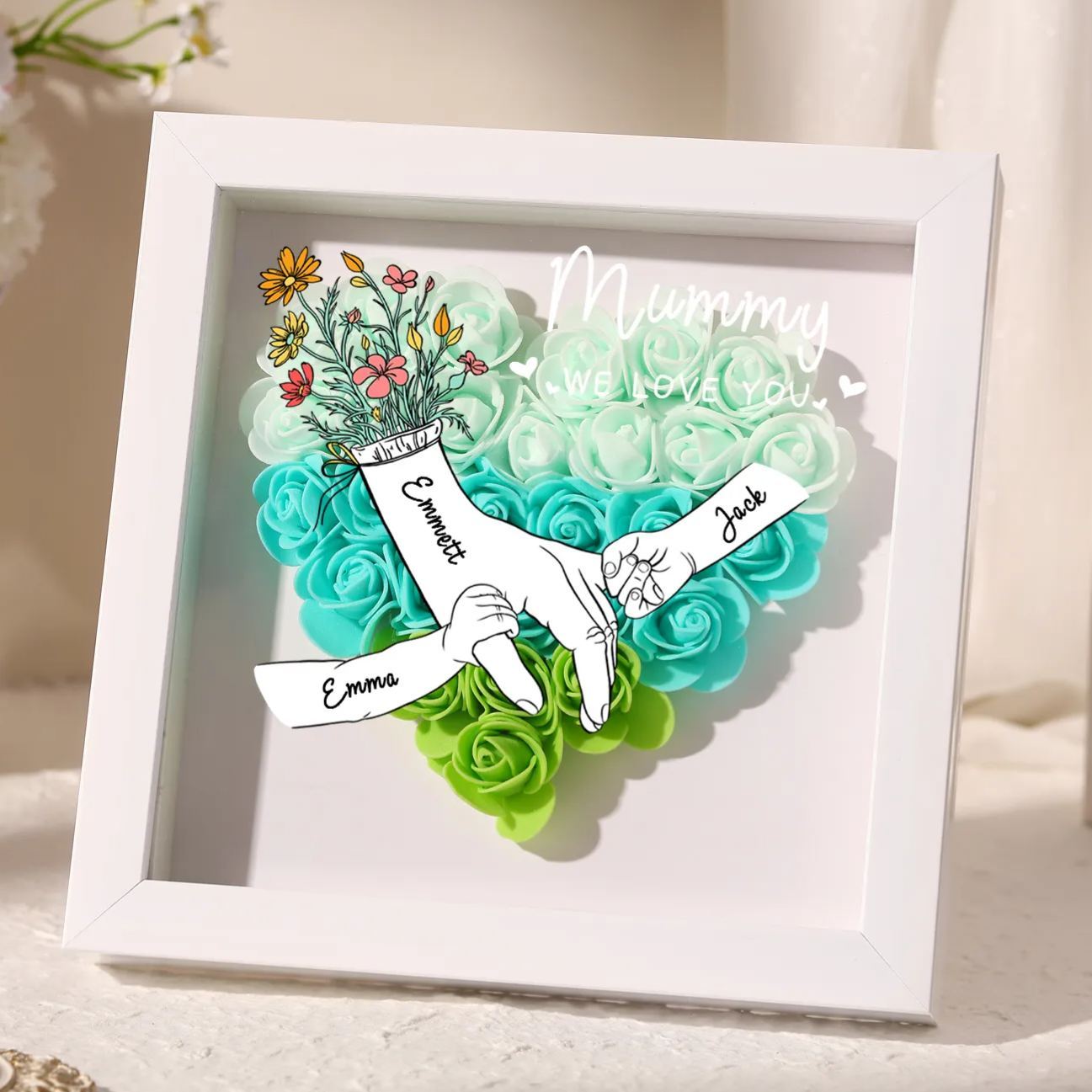 À ma Maman - Cadre photo Panneau de densité la main dans la main 3 Prénoms et 2 Texte Personnalisés Ornements Floral pour Famille