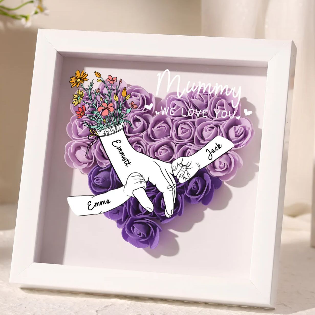 À ma Maman - Cadre photo Panneau de densité la main dans la main 3 Prénoms et 2 Texte Personnalisés Ornements Floral pour Famille