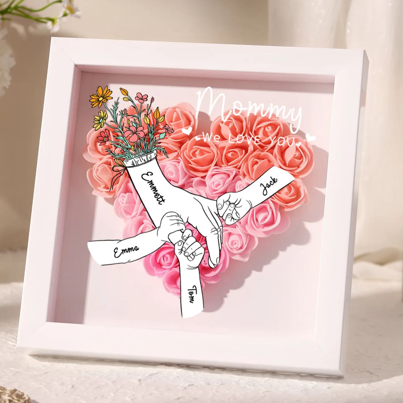 À ma Maman - Cadre photo Panneau de densité la main dans la main 4 Prénoms et 2 Texte Personnalisés Ornements Floral pour Famille