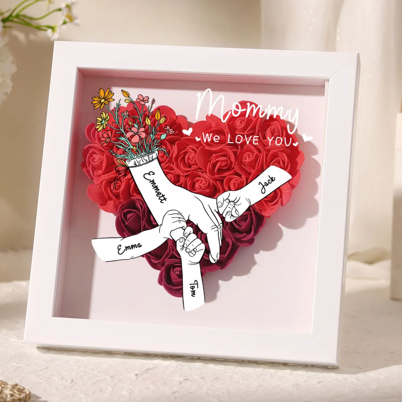 À ma Maman - Cadre photo Panneau de densité la main dans la main 4 Prénoms et 2 Texte Personnalisés Ornements Floral pour Famille