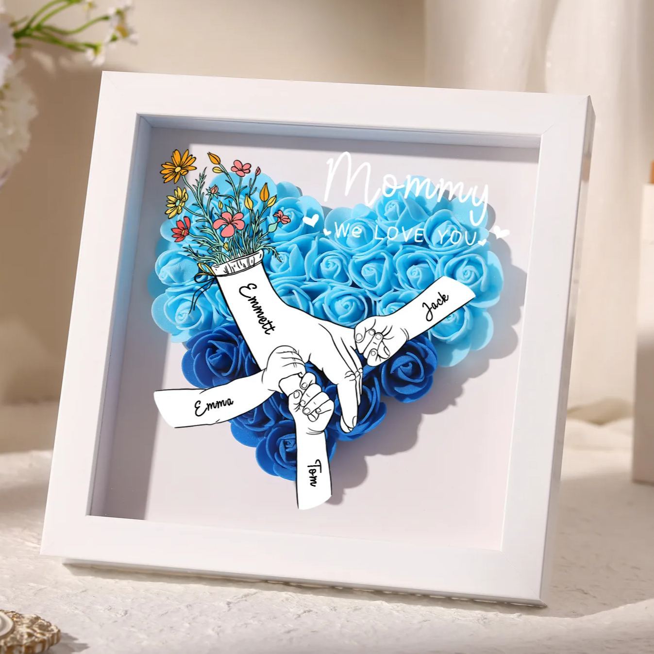 À ma Maman - Cadre photo Panneau de densité la main dans la main 4 Prénoms et 2 Texte Personnalisés Ornements Floral pour Famille