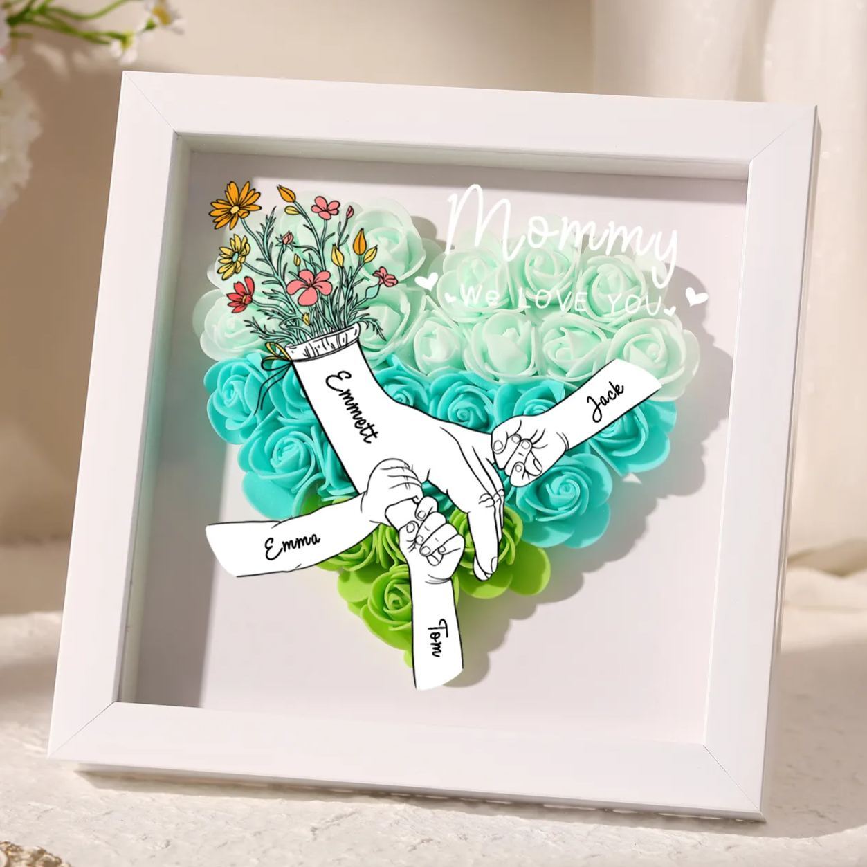 À ma Maman - Cadre photo Panneau de densité la main dans la main 4 Prénoms et 2 Texte Personnalisés Ornements Floral pour Famille