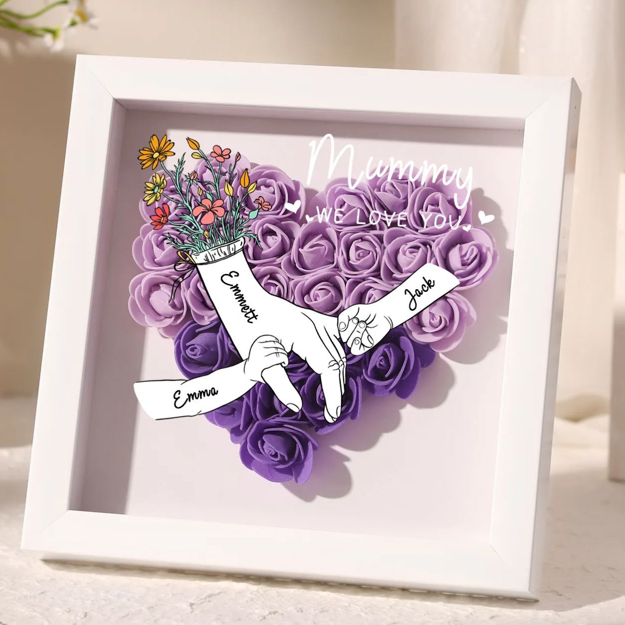 À ma Maman - Cadre photo Panneau de densité la main dans la main 4 Prénoms et 2 Texte Personnalisés Ornements Floral pour Famille