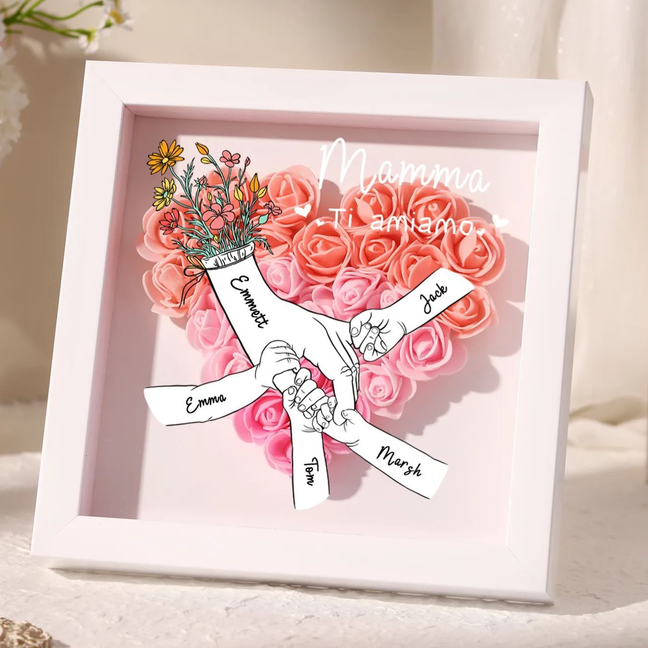À ma Maman - Cadre photo Panneau de densité la main dans la main 5 Prénoms et 2 Texte Personnalisés Ornements Floral pour Famille