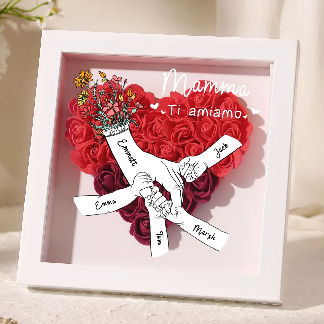 À ma Maman - Cadre photo Panneau de densité la main dans la main 5 Prénoms et 2 Texte Personnalisés Ornements Floral pour Famille