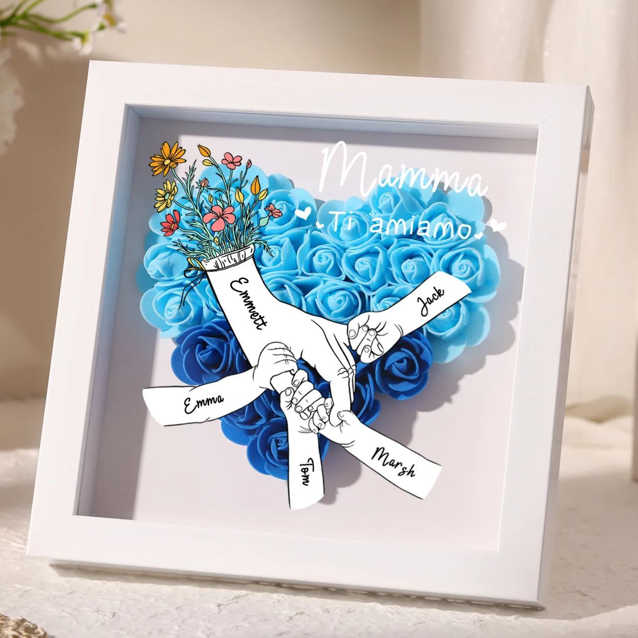 À ma Maman - Cadre photo Panneau de densité la main dans la main 5 Prénoms et 2 Texte Personnalisés Ornements Floral pour Famille