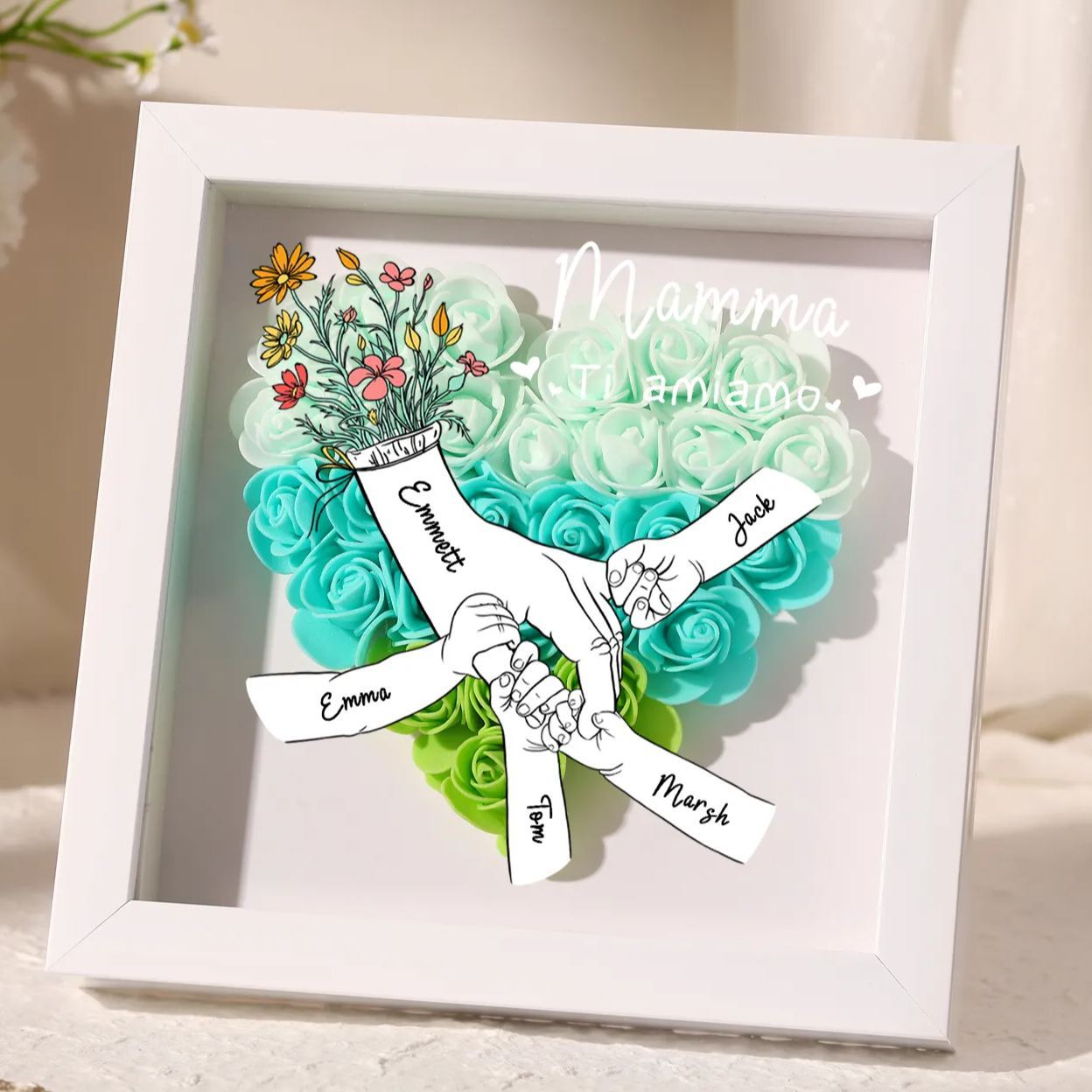 À ma Maman - Cadre photo Panneau de densité la main dans la main 5 Prénoms et 2 Texte Personnalisés Ornements Floral pour Famille