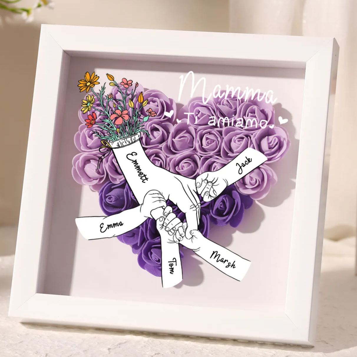 À ma Maman - Cadre photo Panneau de densité la main dans la main 5 Prénoms et 2 Texte Personnalisés Ornements Floral pour Famille