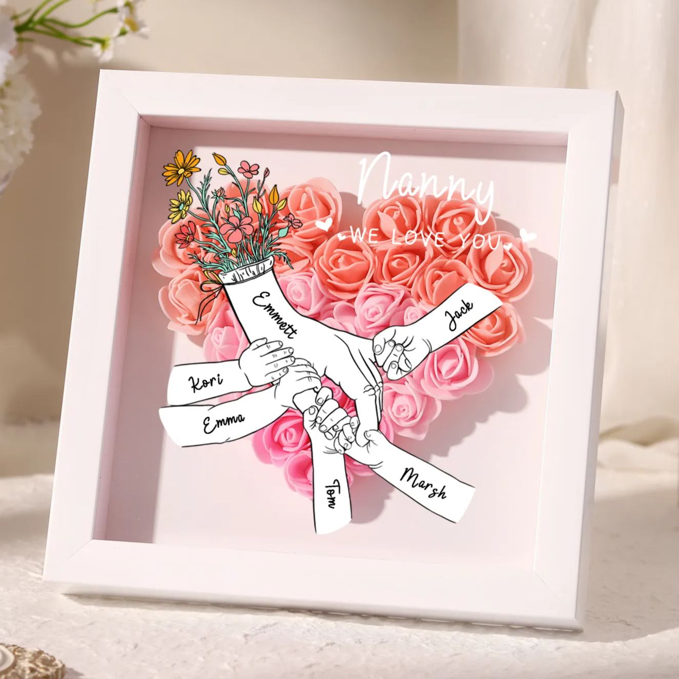 À ma Maman - Cadre photo Panneau de densité la main dans la main 6 Prénoms et 2 Texte Personnalisés Ornements Floral pour Famille