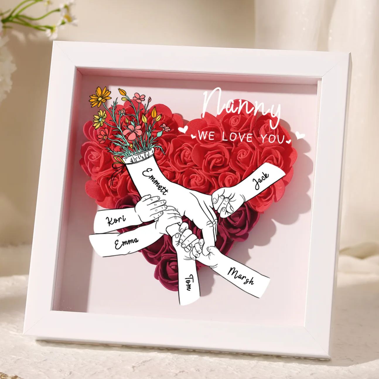 À ma Maman - Cadre photo Panneau de densité la main dans la main 6 Prénoms et 2 Texte Personnalisés Ornements Floral pour Famille