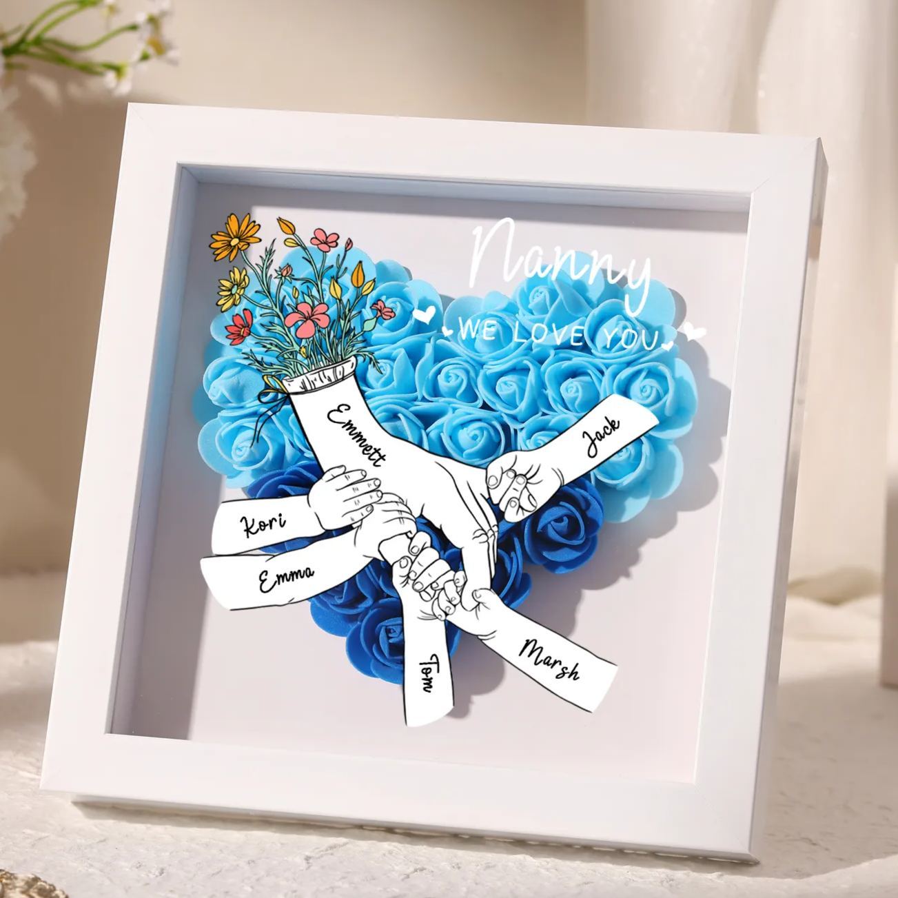 À ma Maman - Cadre photo Panneau de densité la main dans la main 6 Prénoms et 2 Texte Personnalisés Ornements Floral pour Famille