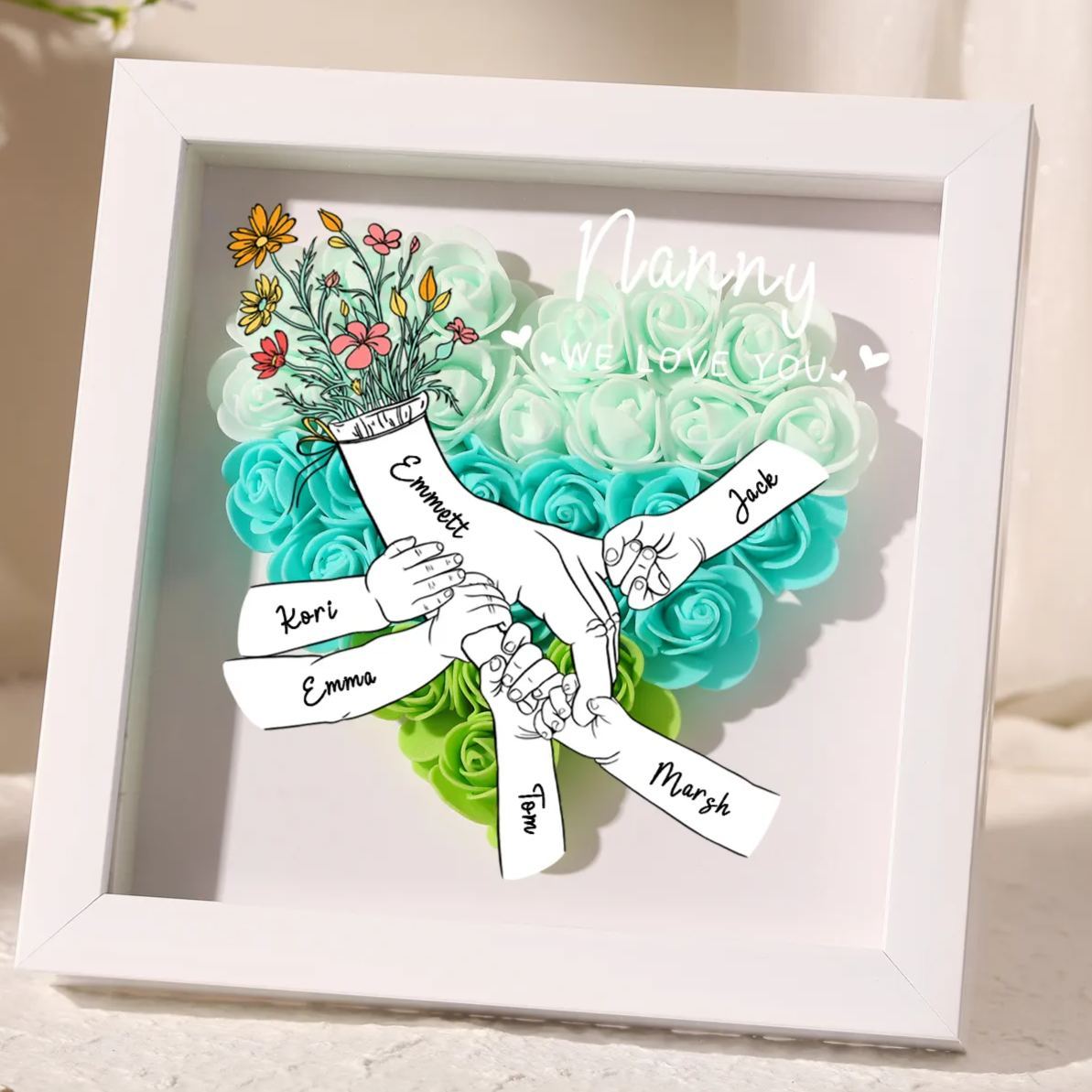 À ma Maman - Cadre photo Panneau de densité la main dans la main 6 Prénoms et 2 Texte Personnalisés Ornements Floral pour Famille
