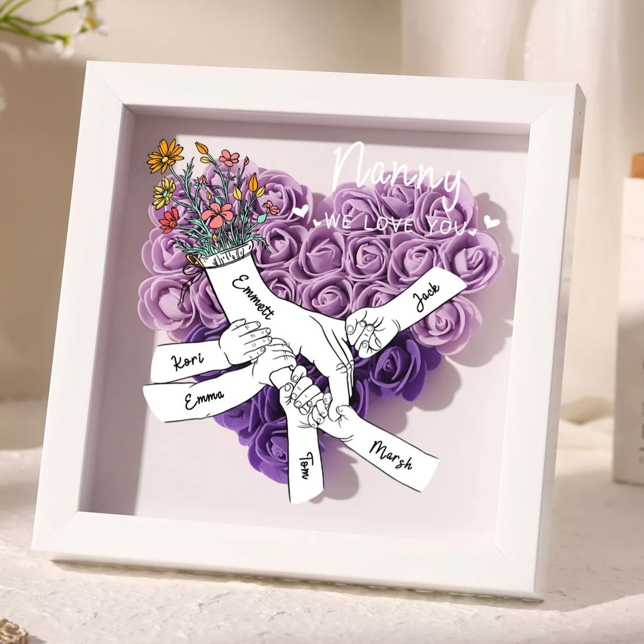 À ma Maman - Cadre photo Panneau de densité la main dans la main 6 Prénoms et 2 Texte Personnalisés Ornements Floral pour Famille