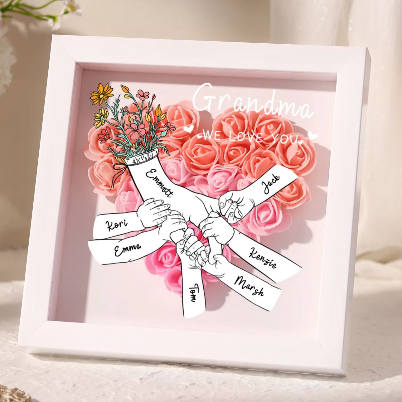 À ma Maman - Cadre photo Panneau de densité la main dans la main 7 Prénoms et 2 Texte Personnalisés Ornements Floral pour Famille