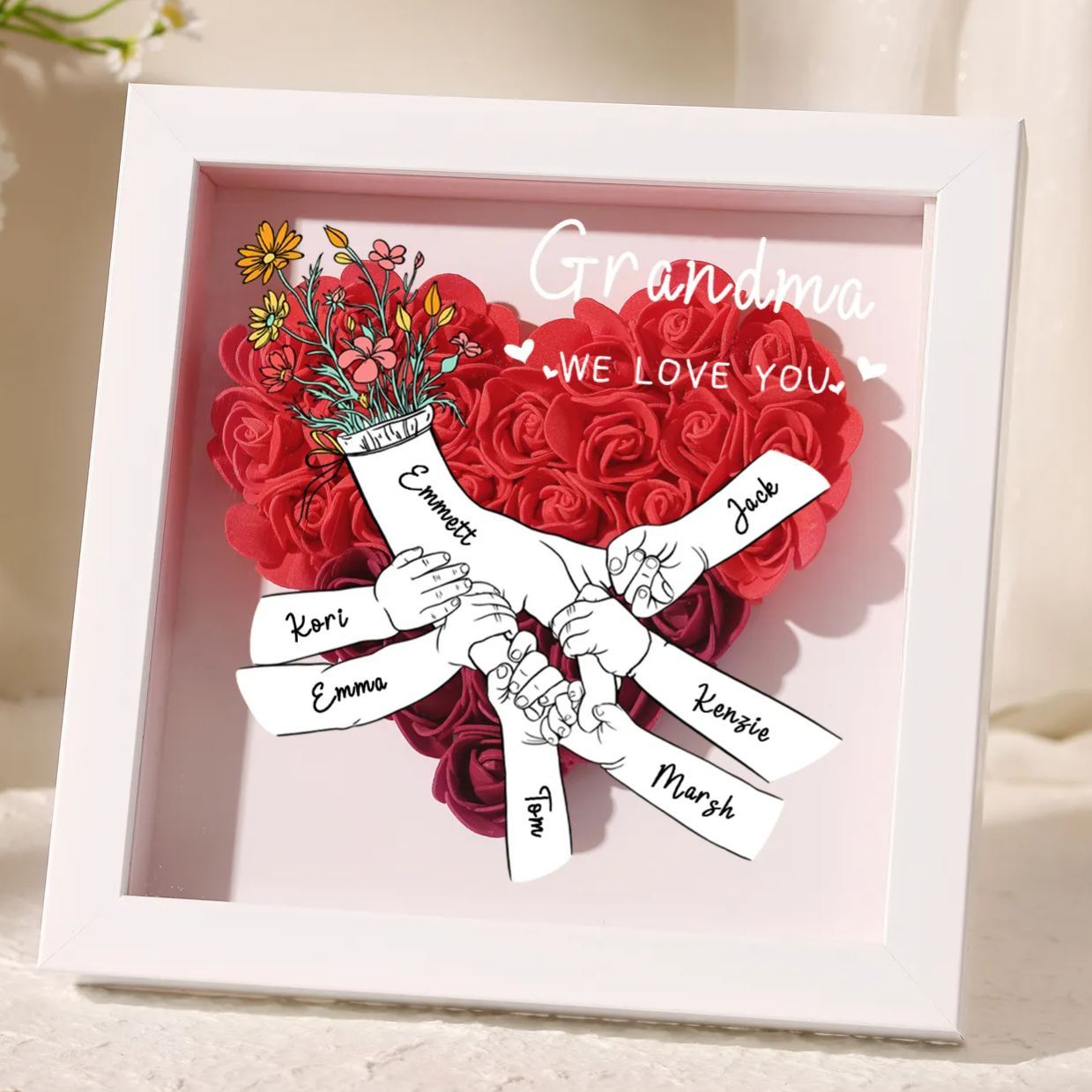 À ma Maman - Cadre photo Panneau de densité la main dans la main 7 Prénoms et 2 Texte Personnalisés Ornements Floral pour Famille