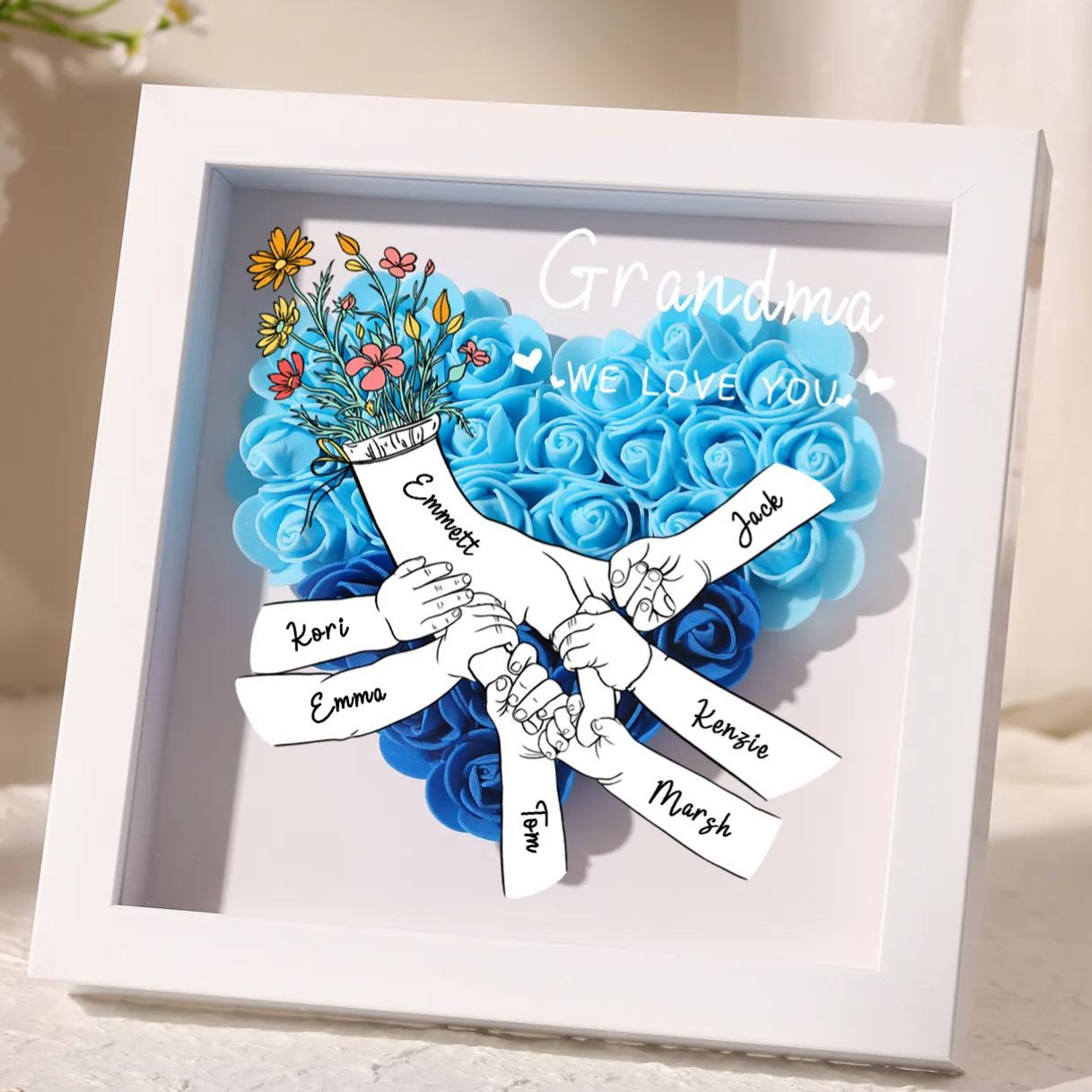 À ma Maman - Cadre photo Panneau de densité la main dans la main 7 Prénoms et 2 Texte Personnalisés Ornements Floral pour Famille