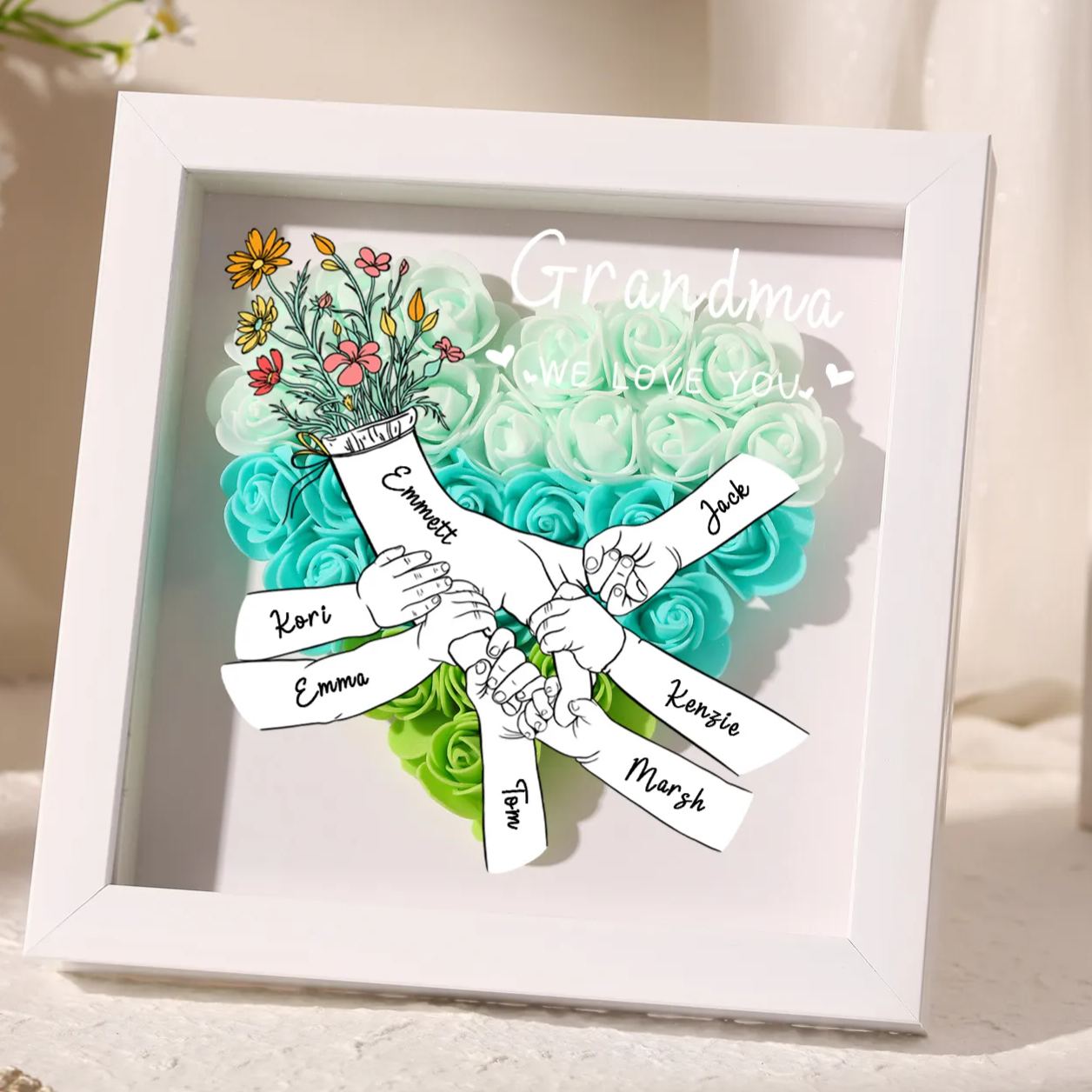 À ma Maman - Cadre photo Panneau de densité la main dans la main 7 Prénoms et 2 Texte Personnalisés Ornements Floral pour Famille