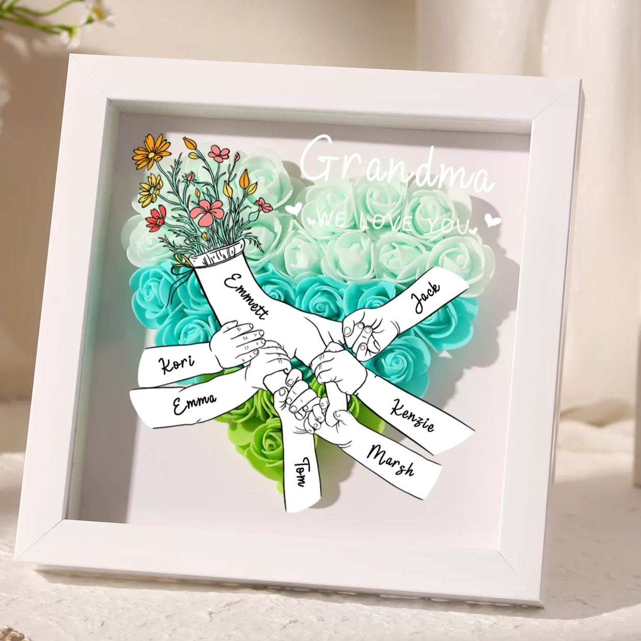 À ma Maman - Cadre photo Panneau de densité la main dans la main 7 Prénoms et 2 Texte Personnalisés Ornements Floral pour Famille