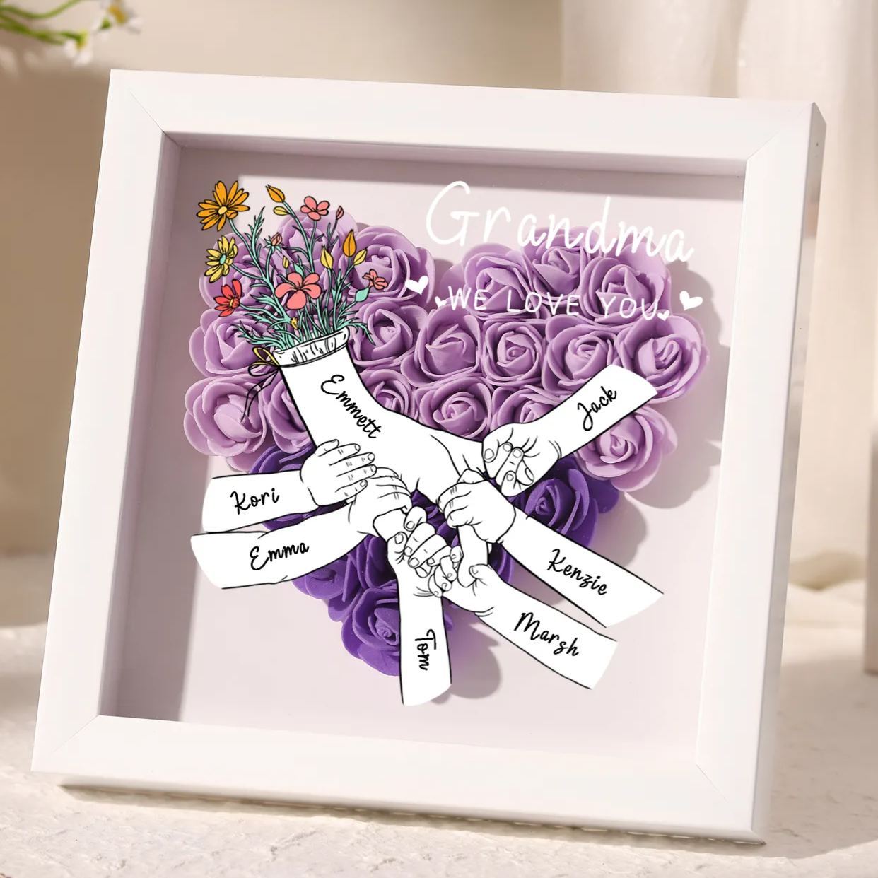 À ma Maman - Cadre photo Panneau de densité la main dans la main 7 Prénoms et 2 Texte Personnalisés Ornements Floral pour Famille