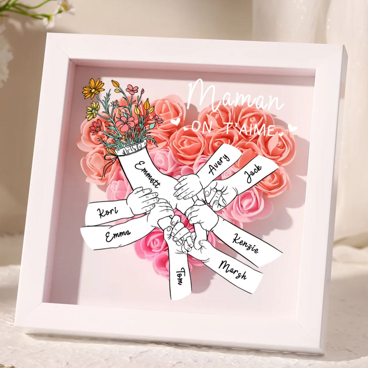 À ma Maman - Cadre photo Panneau de densité la main dans la main 7 Prénoms et 2 Texte Personnalisés Ornements Floral pour Famille
