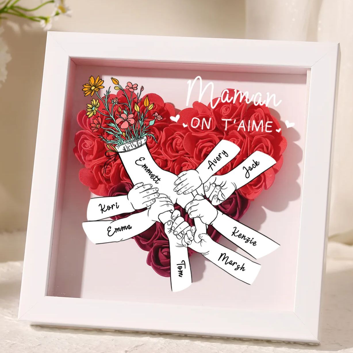 À ma Maman - Cadre photo Panneau de densité la main dans la main 8 Prénoms et 2 Texte Personnalisés Ornements Floral pour Famille