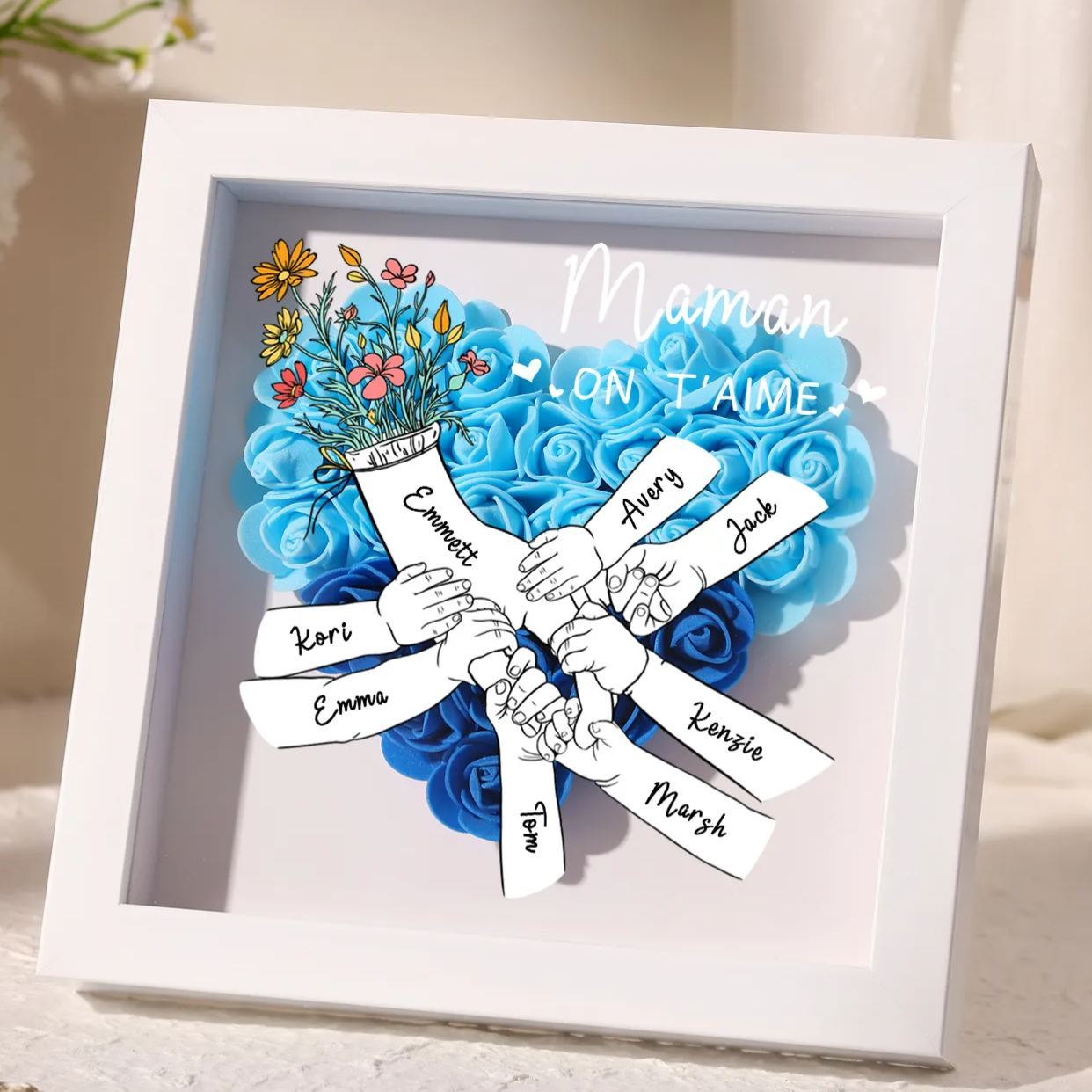 À ma Maman - Cadre photo Panneau de densité la main dans la main 8 Prénoms et 2 Texte Personnalisés Ornements Floral pour Famille