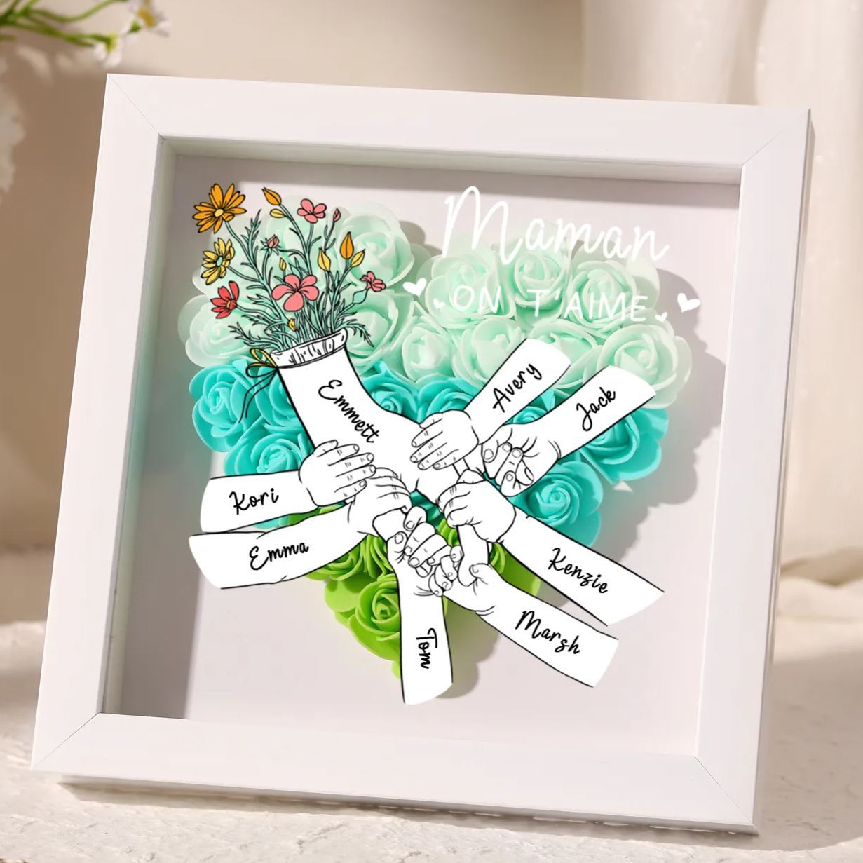 À ma Maman - Cadre photo Panneau de densité la main dans la main 8 Prénoms et 2 Texte Personnalisés Ornements Floral pour Famille