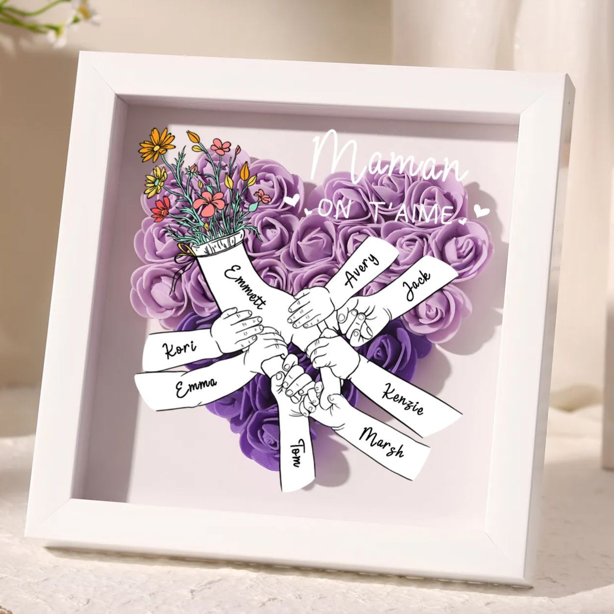 À ma Maman - Cadre photo Panneau de densité la main dans la main 8 Prénoms et 2 Texte Personnalisés Ornements Floral pour Famille