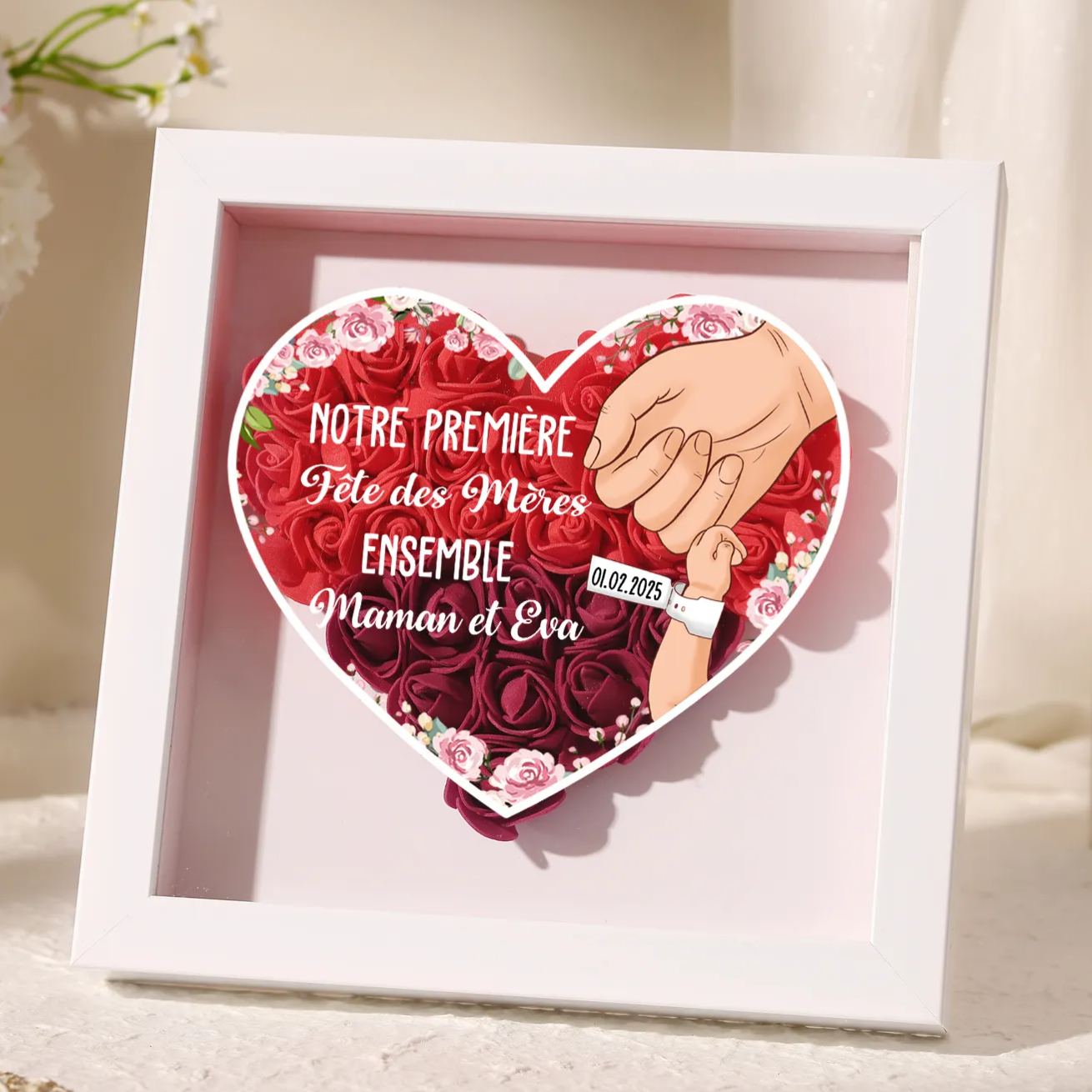 À ma Maman - Cadre photo Panneau de densité la main dans la main 2 Prénoms et 2 Texte Personnalisés Ornements Floral pour Famille