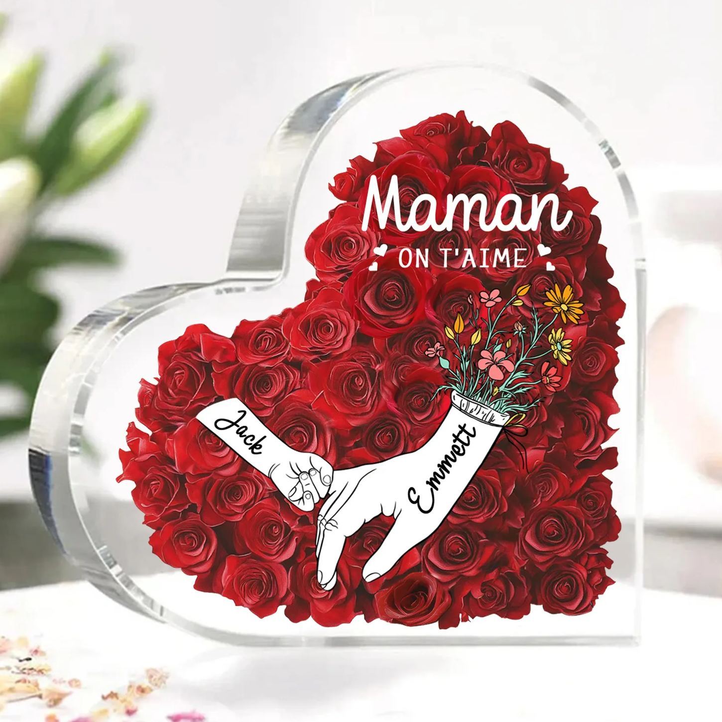 À ma Maman/Mamie-Plaque Acrylique en Forme de Cœur 2-6 Prénoms Personnalisés Décoration la main dans la main