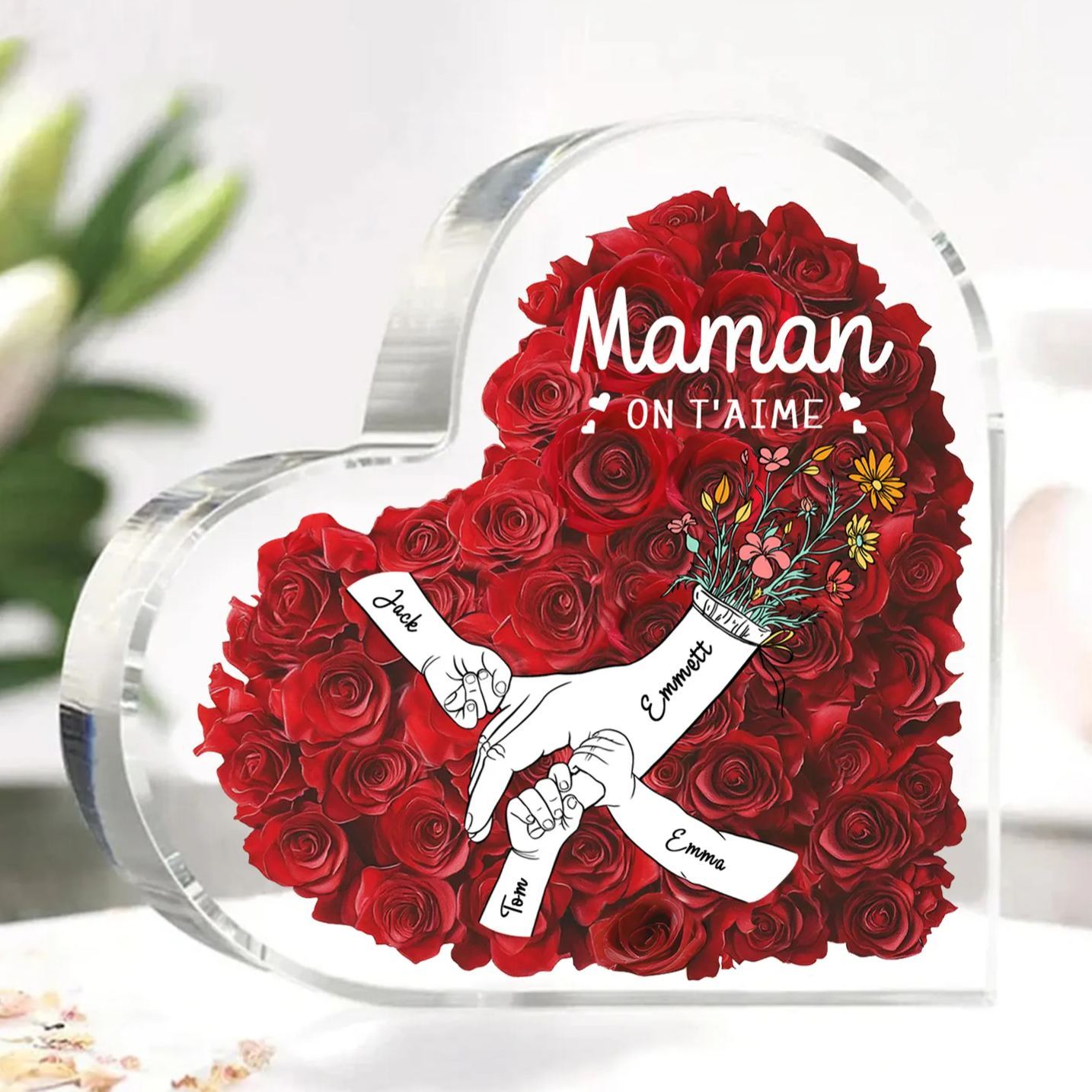 À ma Maman/Mamie-Plaque Acrylique Rose avec 4 Prénoms et 2 Textes Personnalisés Décoration la main dans la main | Jessemade