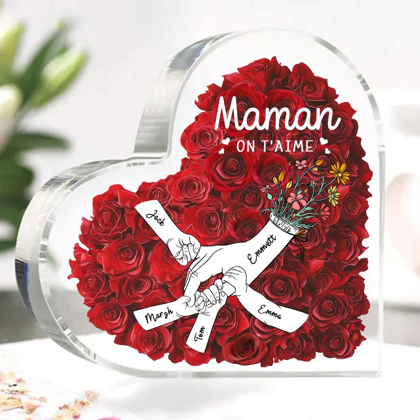 À ma Maman/Mamie-Plaque Acrylique Rose avec 5 Prénoms et 2 Textes Personnalisés Décoration la main dans la main | Jessemade