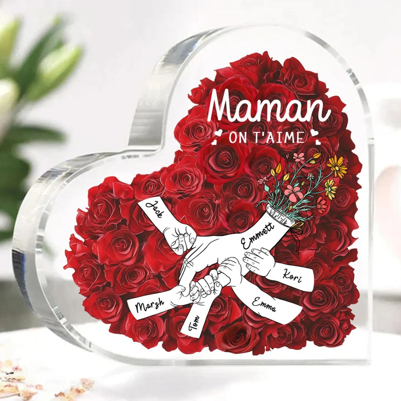 À ma Maman/Mamie-Plaque Acrylique Rose avec 6 Prénoms et 2 Textes Personnalisés Décoration la main dans la main | Jessemade