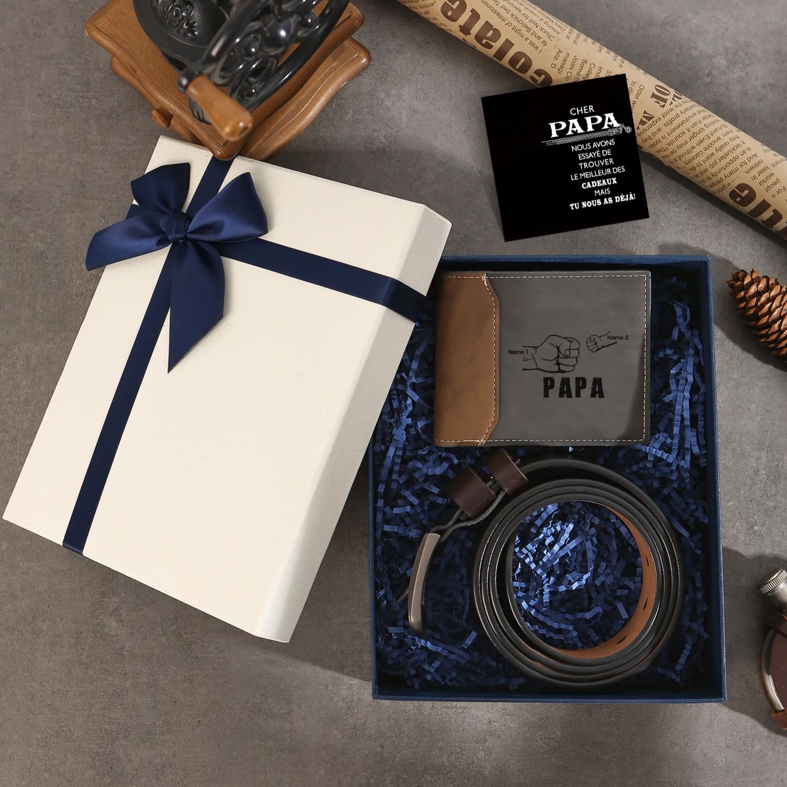Coffret Cadeau 3PCS - Portefeuille Poings 2-5 Prénoms Personnalisés avec Photo et Ceinture et Carte - Cadeau pour Papa  | Jessemade