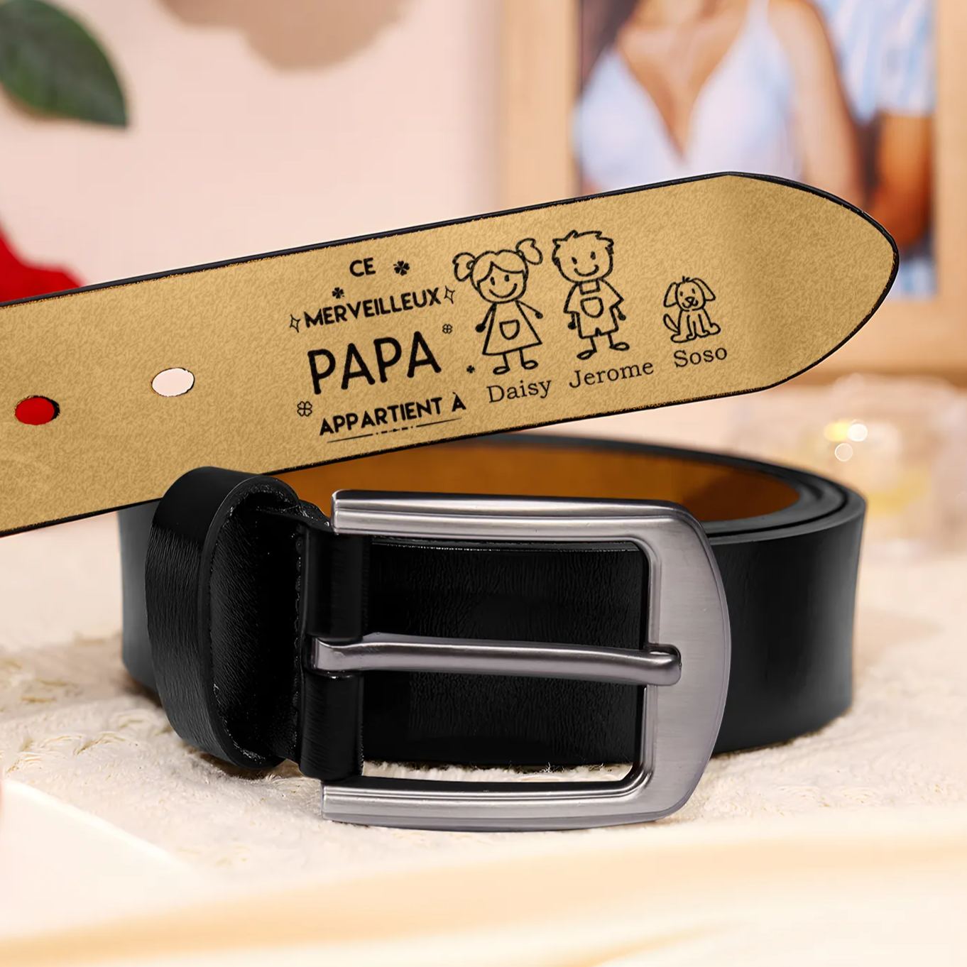 À mon Papa - Ceinture en Cuir Personnalisé avec 3 Prénoms et 3 Dessins Enfant Cadeau pour Homme | Jessemade
