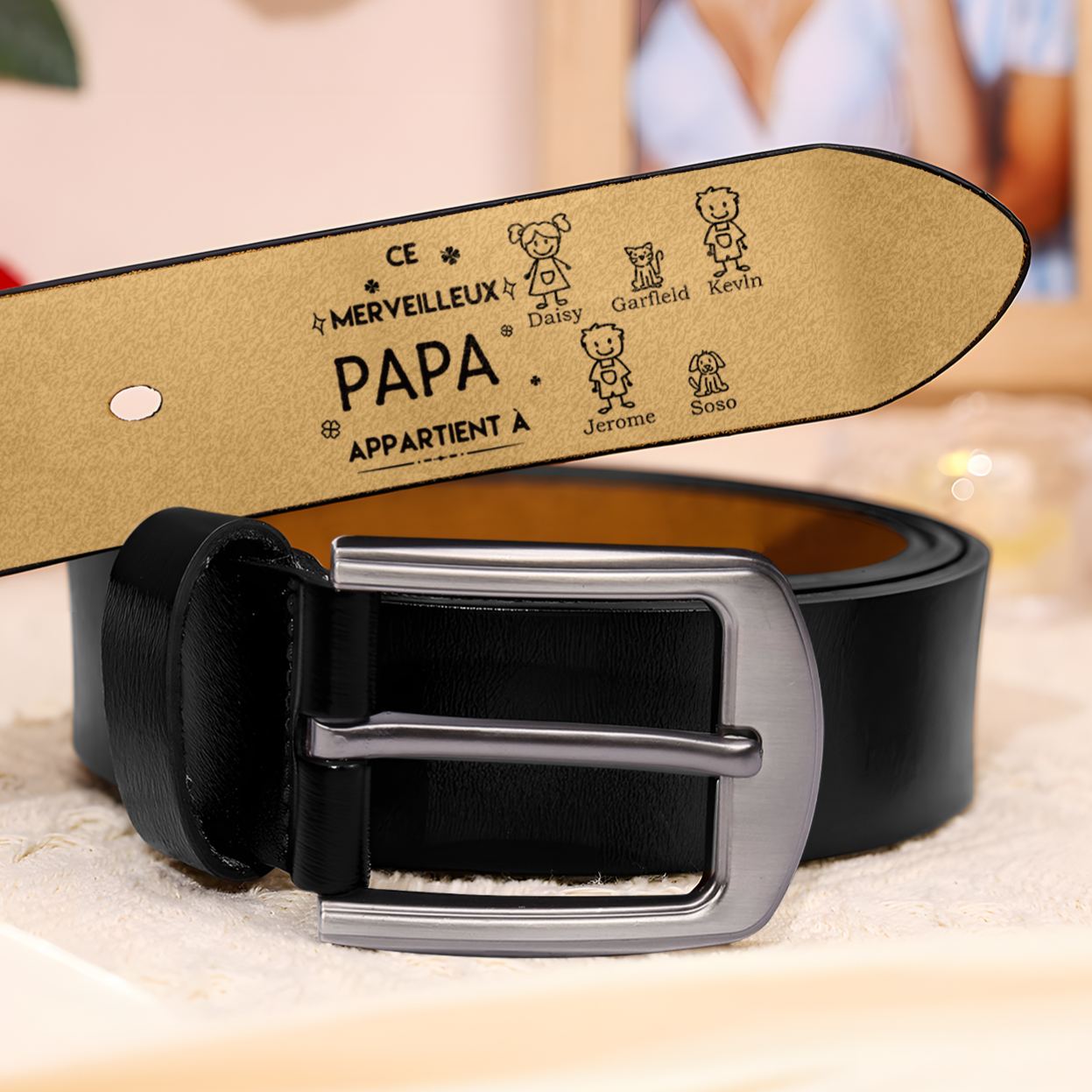 À mon Papa - Ceinture en Cuir Personnalisé avec 5 Prénoms et 5 Dessins Enfant Cadeau pour Homme | Jessemade