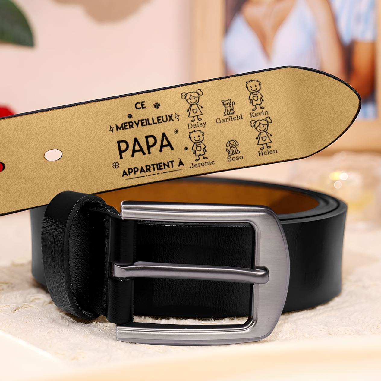 À mon Papa - Ceinture en Cuir Personnalisé avec 6 Prénoms et 6 Dessins Enfant Cadeau pour Homme | Jessemade