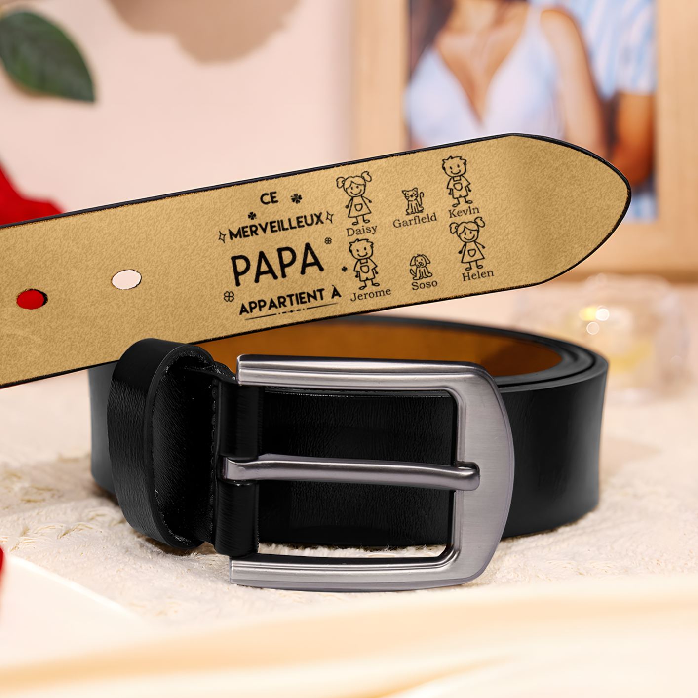À mon Papa - Ceinture en Cuir Personnalisé avec 6 Prénoms et 6 Dessins Enfant Cadeau pour Homme | Jessemade