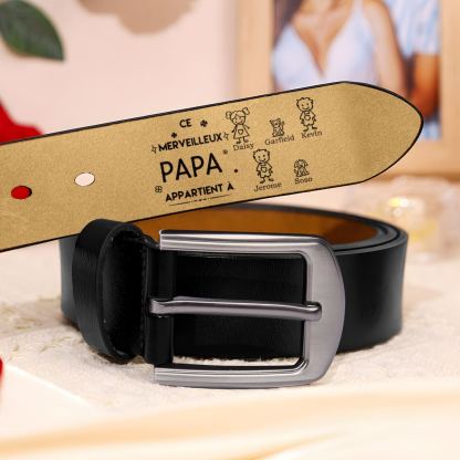 À mon Papa - Ceinture en Cuir Personnalisé avec 5 Prénoms et 5 Dessins Enfant Cadeau pour Homme | Jessemade