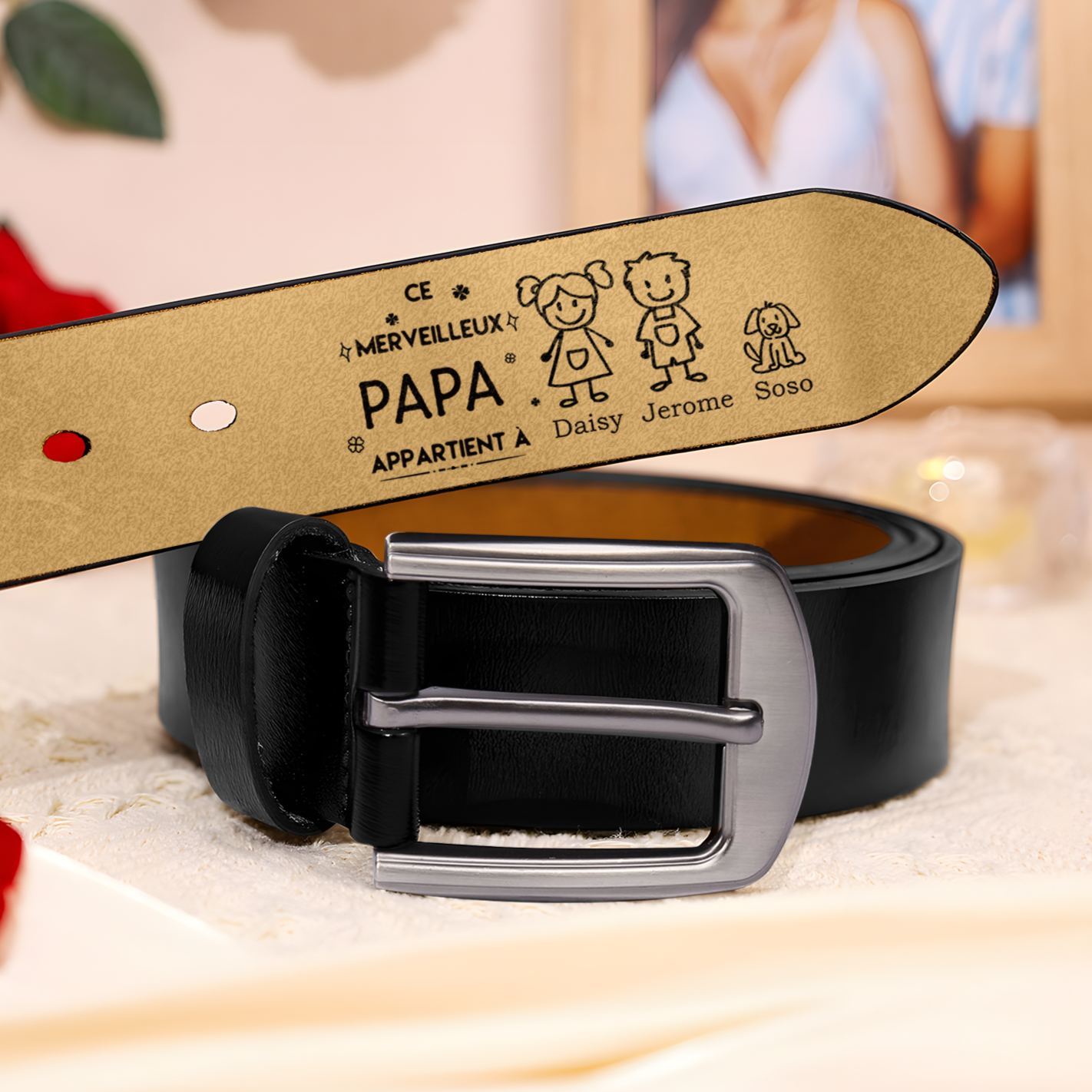 À mon Papa - Ceinture en Cuir Personnalisé avec 3 Prénoms et 3 Dessins Enfant Cadeau pour Homme | Jessemade