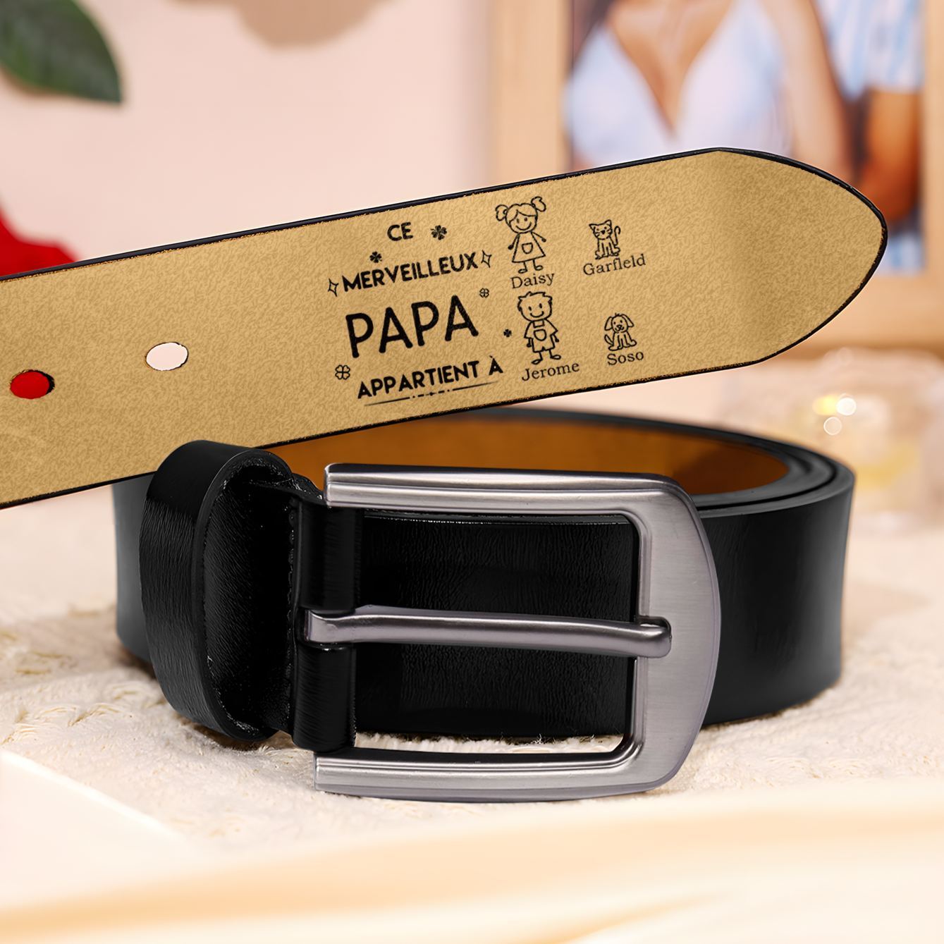 À mon Papa - Ceinture en Cuir Personnalisé avec 4 Prénoms et 4 Dessins Enfant Cadeau pour Homme | Jessemade