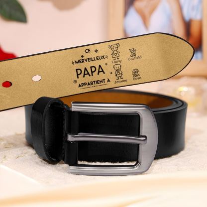 À mon Papa - Ceinture en Cuir Personnalisé avec 4 Prénoms et 4 Dessins Enfant Cadeau pour Homme | Jessemade