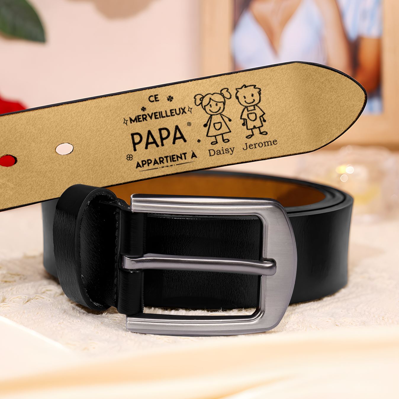 À mon Papa - Ceinture en Cuir Personnalisé avec 2 Prénoms et 2 Dessins Enfant Cadeau pour Homme | Jessemade