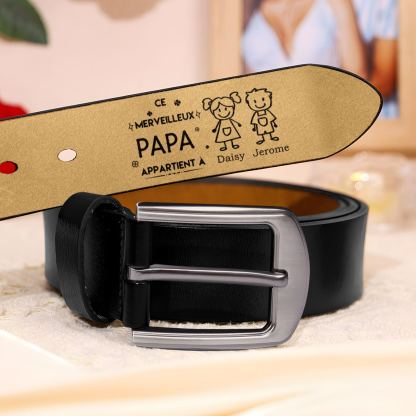 À mon Papa - Ceinture en Cuir Personnalisé avec 2 Prénoms et 2 Dessins Enfant Cadeau pour Homme | Jessemade