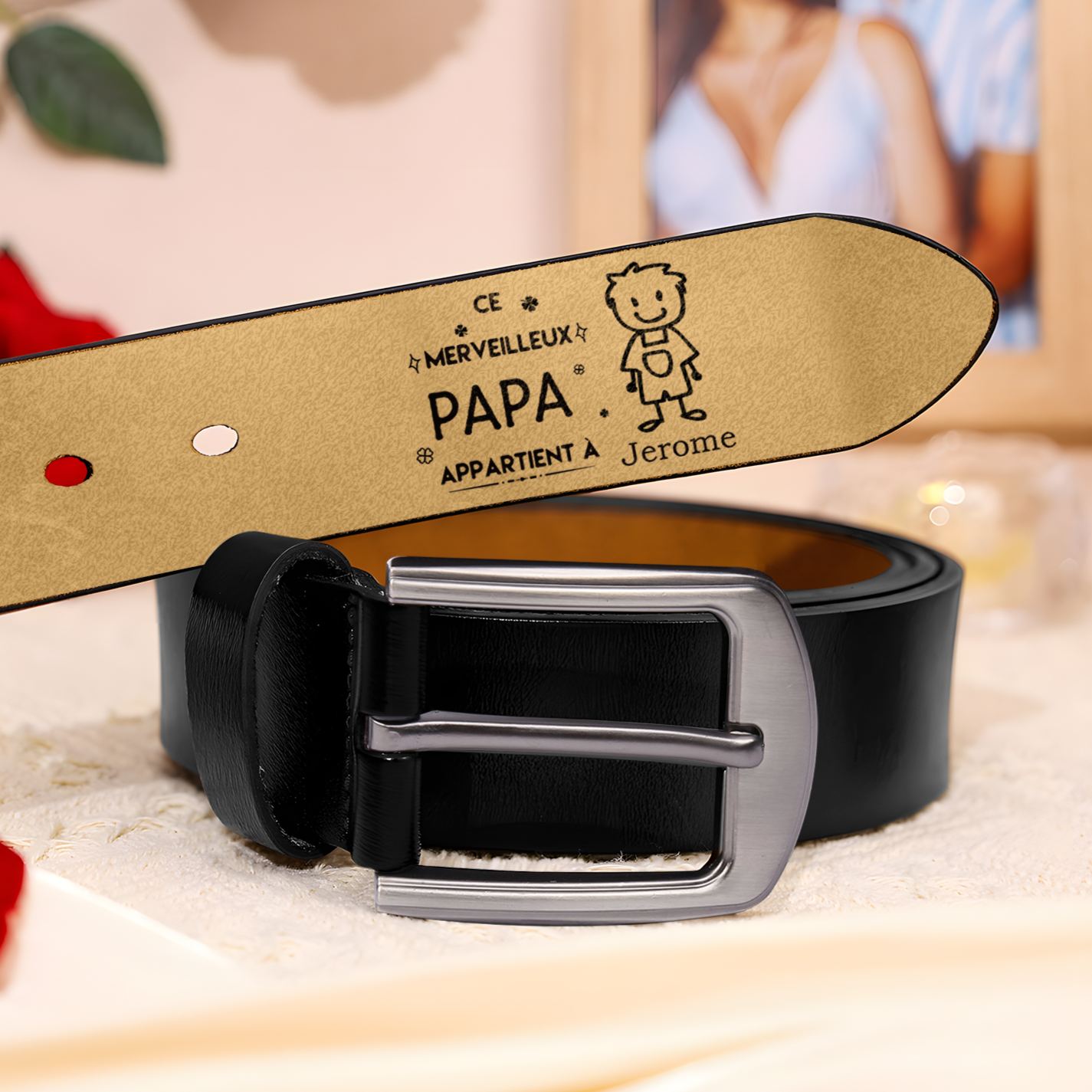 À mon Papa - Ceinture en Cuir Personnalisé avec 1 Prénom et 1 Dessin Enfant Cadeau pour Homme | Jessemade