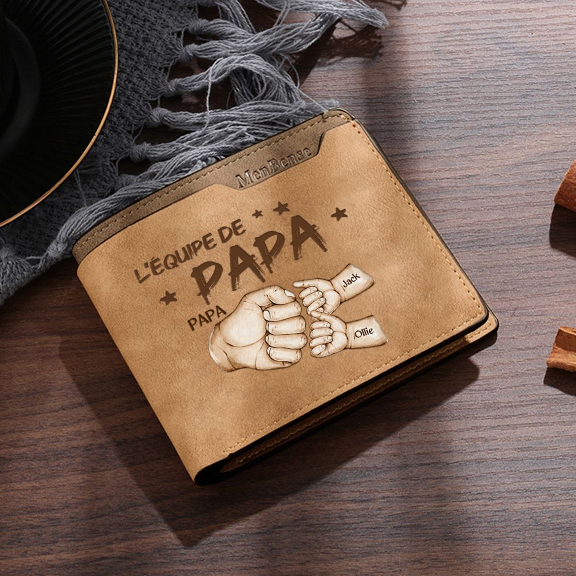 À mon Papa-Portefeuille avec Gravure Poings Personnalisés 3 Prénoms | Jessemade